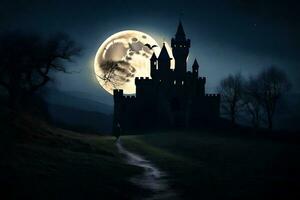 a castle in the dark with a full moon. AI-Generated photo