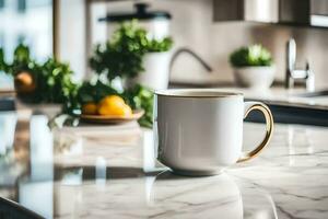 un blanco café taza sentado en un mármol encimera. generado por ai foto