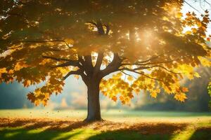 a tree is shown in the sunlight with leaves falling. AI-Generated photo