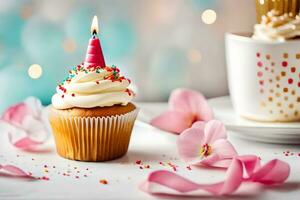 a cupcake with a birthday candle on top. AI-Generated photo