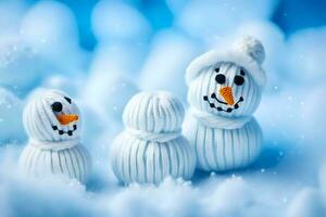 three snowmen are made out of knitted fabric. AI-Generated photo