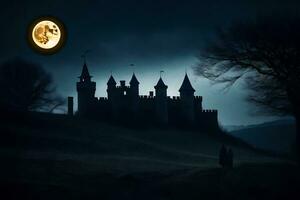 un castillo en el oscuro con un lleno Luna. generado por ai foto