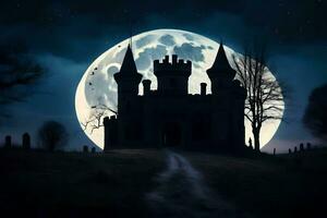 a castle in the dark with a full moon. AI-Generated photo