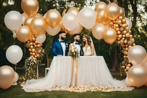 a bride and groom under a gold and white balloon arch. AI-Generated photo
