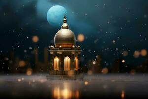 Eid mubarak and ramadan kareem greetings with islamic lantern and mosque. Eid al fitr background. Eid al fitr background of window concept by AI Generated photo