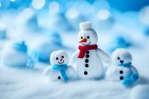 a group of snowmen in a snow covered field. AI-Generated photo