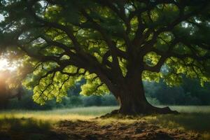 un grande árbol en el medio de un campo. generado por ai foto