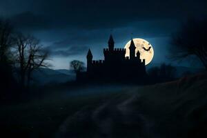 a castle in the dark with a full moon. AI-Generated photo