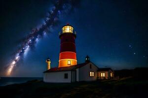 a lighthouse with a starry sky above it. AI-Generated photo