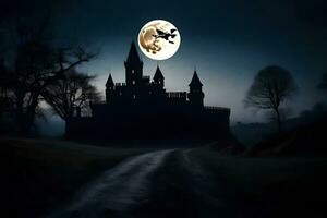 a castle with a full moon in the sky. AI-Generated photo