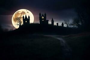 a castle in the dark with a full moon. AI-Generated photo