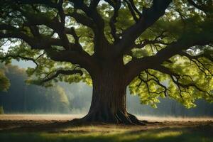 un roble árbol en el medio de un campo. generado por ai foto