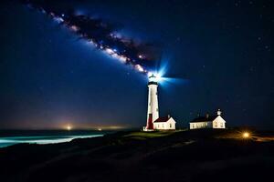 a lighthouse with a star trail in the sky. AI-Generated photo