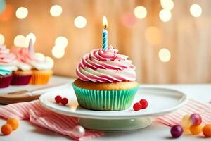 a cupcake with a lit candle on top of a plate. AI-Generated photo