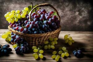 grapes in a basket on a wooden table. AI-Generated photo