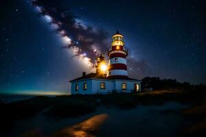 a lighthouse with a starry sky above it. AI-Generated photo