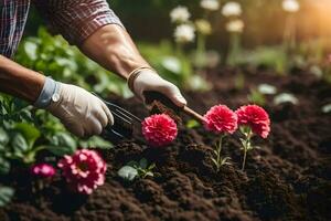 a man is planting flowers in a garden. AI-Generated photo