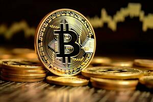 Golden bitcoin digital cryptocurrency futuristic money. Technology business internet trading concept by AI Generated photo