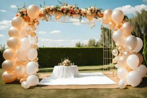 a wedding arch with balloons and flowers. AI-Generated photo