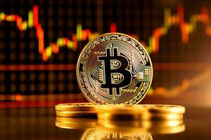 Golden bitcoin digital cryptocurrency futuristic money. Technology business internet trading concept by AI Generated photo