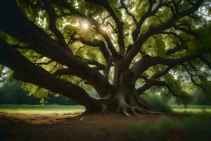 el Dom brilla mediante el ramas de un grande árbol. generado por ai foto