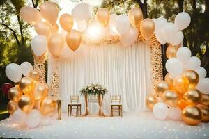 a wedding ceremony with gold balloons and white flowers. AI-Generated photo