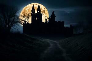 a castle in the dark with a full moon. AI-Generated photo