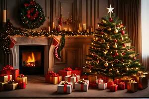 christmas tree and presents in front of fireplace. AI-Generated photo