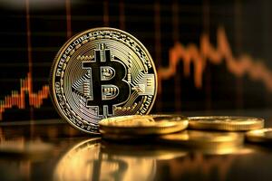 Golden bitcoin digital cryptocurrency futuristic money. Technology business internet trading concept by AI Generated photo