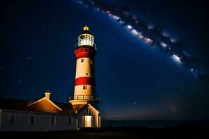 un faro con un estrellado cielo encima él. generado por ai foto