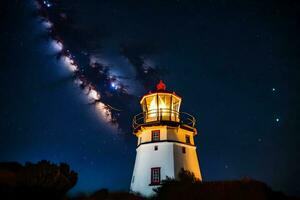 a lighthouse with a starry sky above it. AI-Generated photo