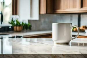 a white coffee mug on a kitchen counter. AI-Generated photo
