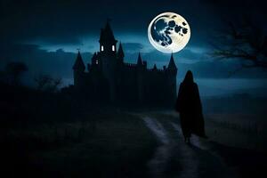 a person in a cloak walks down a path in front of a castle. AI-Generated photo