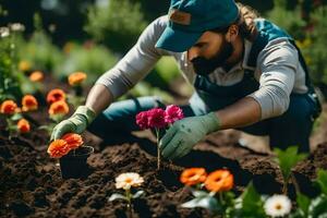 un hombre es plantando flores en el jardín. generado por ai foto