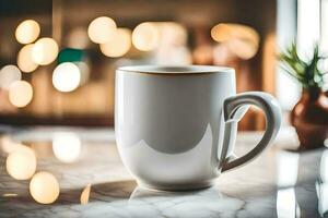 un blanco café taza sentado en un mesa en frente de un bokeh antecedentes. generado por ai foto