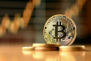 Golden bitcoin digital cryptocurrency futuristic money. Technology business internet trading concept by AI Generated photo