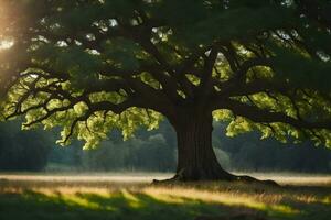 the sun shines through the leaves of a large tree. AI-Generated photo