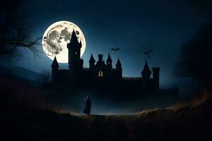 un castillo en el oscuro con un lleno Luna. generado por ai foto