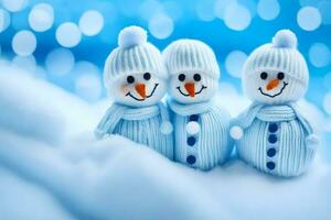 three snowmen wearing knitted hats and scarves. AI-Generated photo