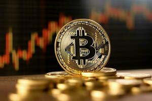 Golden bitcoin digital cryptocurrency futuristic money. Technology business internet trading concept by AI Generated photo