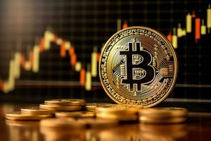 Golden bitcoin digital cryptocurrency futuristic money. Technology business internet trading concept by AI Generated photo