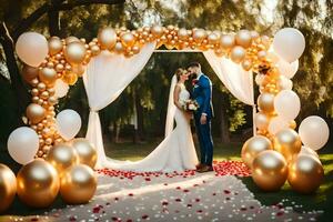 un novia y novio en pie debajo un oro y blanco globo arco. generado por ai foto