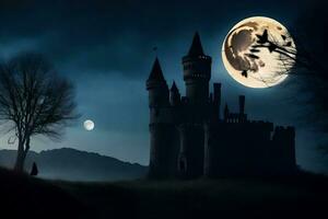 a castle in the night with a full moon. AI-Generated photo