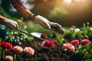 a person is digging dirt with a shovel and planting flowers. AI-Generated photo