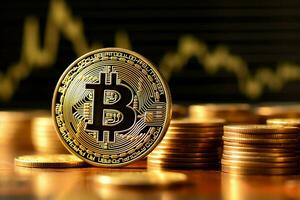 Golden bitcoin digital cryptocurrency futuristic money. Technology business internet trading concept by AI Generated photo