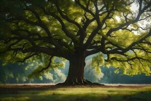 un grande árbol es mostrado en el luz de sol. generado por ai foto