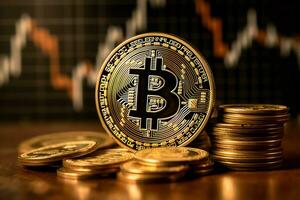 Golden bitcoin digital cryptocurrency futuristic money. Technology business internet trading concept by AI Generated photo