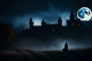 un persona en un capa camina en frente de un castillo a noche. generado por ai foto