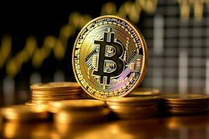 Golden bitcoin digital cryptocurrency futuristic money. Technology business internet trading concept by AI Generated photo