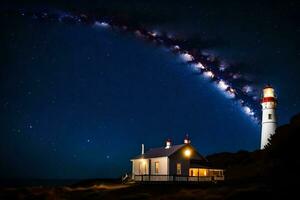 a lighthouse and a starry sky above it. AI-Generated photo